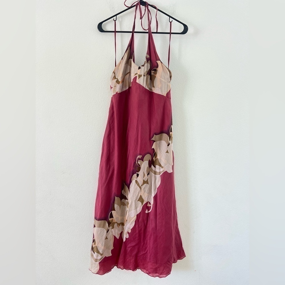 J. Crew Maroon Purple Cream Halter Oversized Diagonal Abstract Floral Dress 10